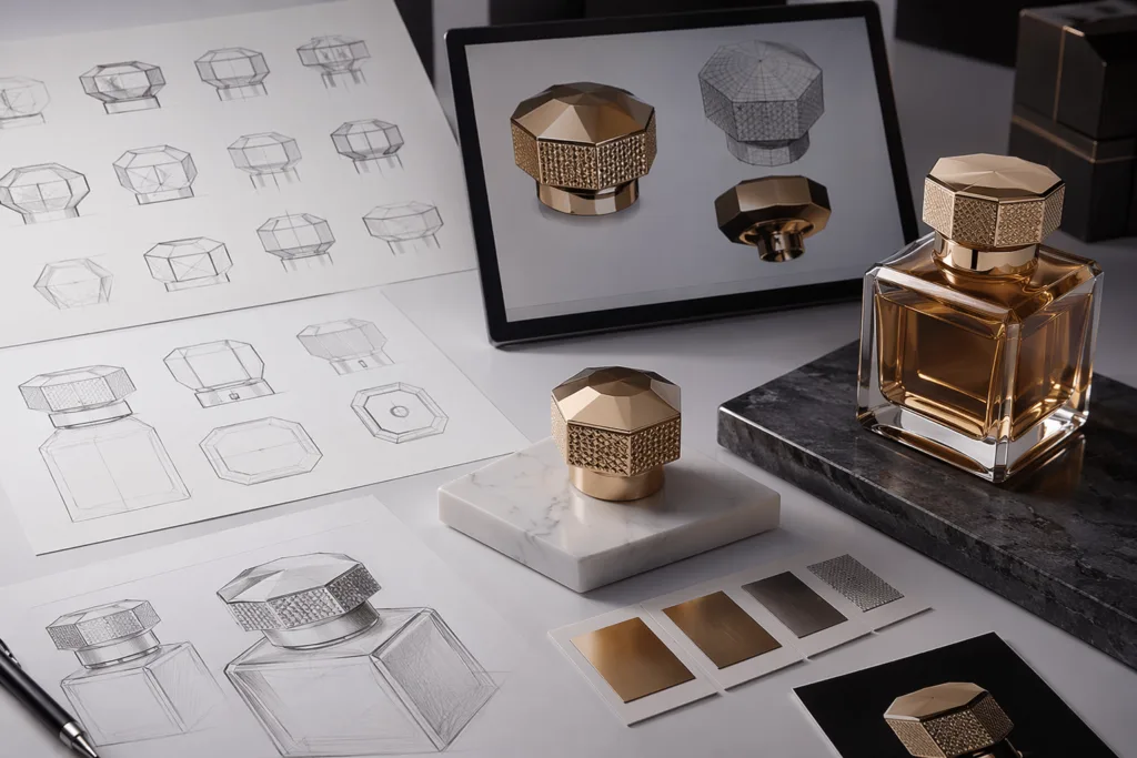 A photorealistic premium fragrance packaging development scene showing the sample approval process for a luxury perfume cap, with sketches, drawings, 3D concept work, finish references, a bottle sample, and a final prototype.