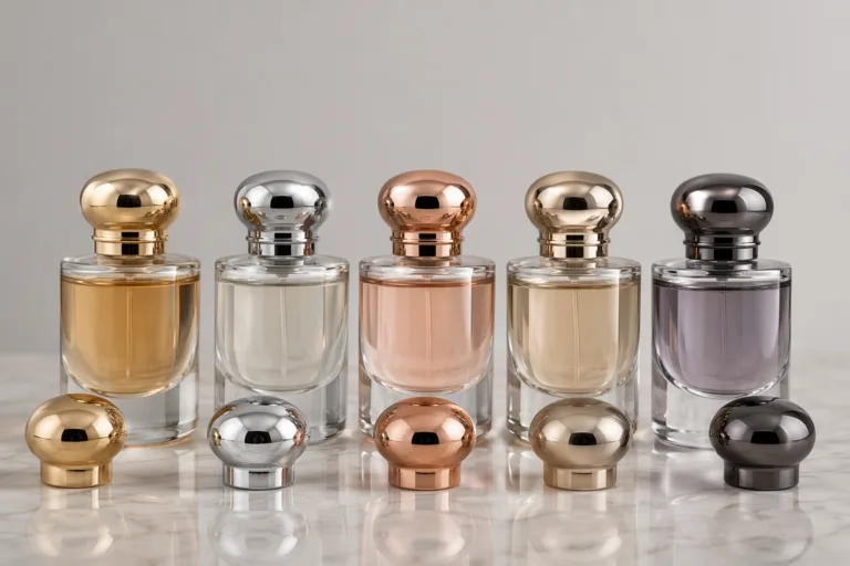 Photorealistic studio product image comparing premium electroplated perfume cap finishes including gold, silver, rose gold, champagne metal, and dark chrome.