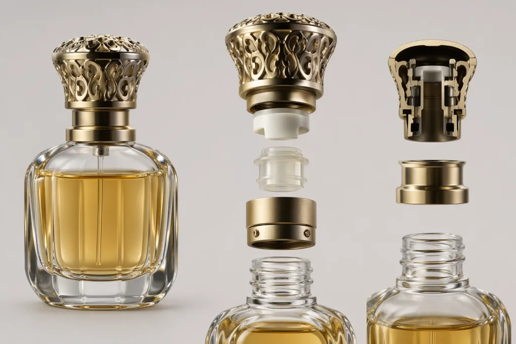 Photorealistic technical product view of a luxury perfume bottle and custom metal cap, presented as an exploded assembly to highlight fit, collar alignment, inner insert structure, and closure compatibility.