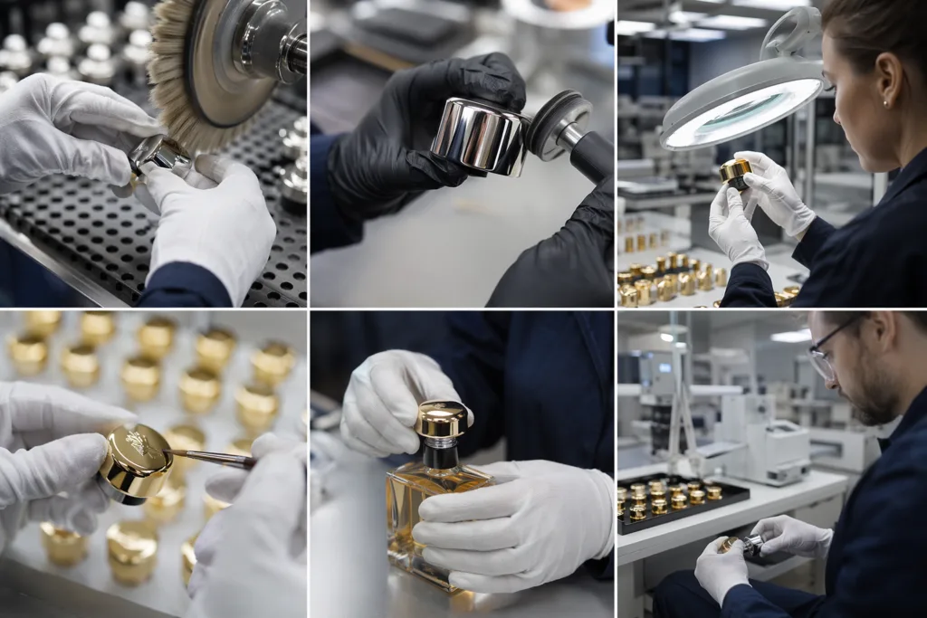 Photorealistic B2B factory photography of luxury perfume cap manufacturing and quality control, featuring metal processing, surface preparation, polishing, electroplating inspection, decoration checking, fit testing, and final inspection in a pristine modern production environment.