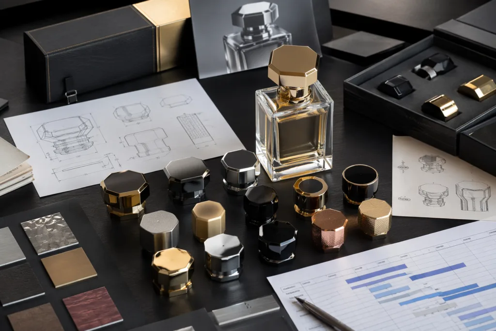 Photorealistic commercial scene of luxury perfume cap MOQ, lead time, and cost planning with premium samples, drawings, and packaging components arranged in a structured procurement layout.