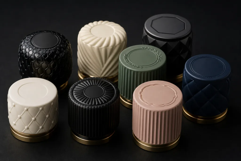 Realistic luxury fragrance packaging component photo featuring custom painted perfume caps with precise surface branding details and a clean dark studio backdrop.