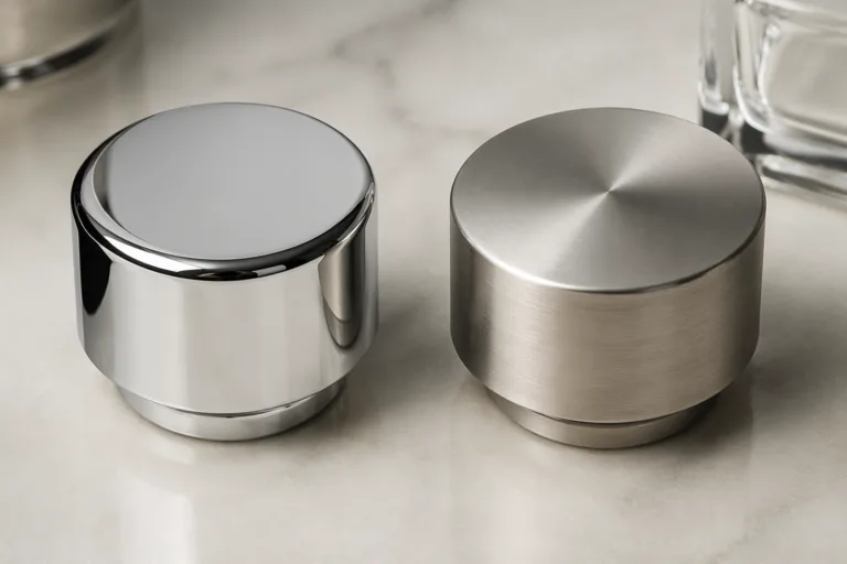 A photorealistic close-up comparison of luxury fragrance caps, featuring mirror-polished and brushed satin metal finishes with soft highlights and refined industrial detail.
