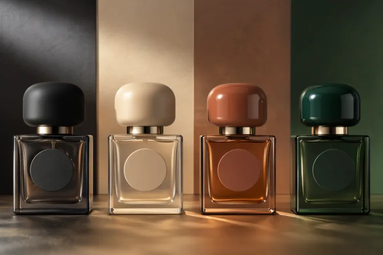 Premium studio product scene featuring painted perfume caps and modern fragrance bottles in refined custom brand colors with smooth coated finishes and elegant lighting.