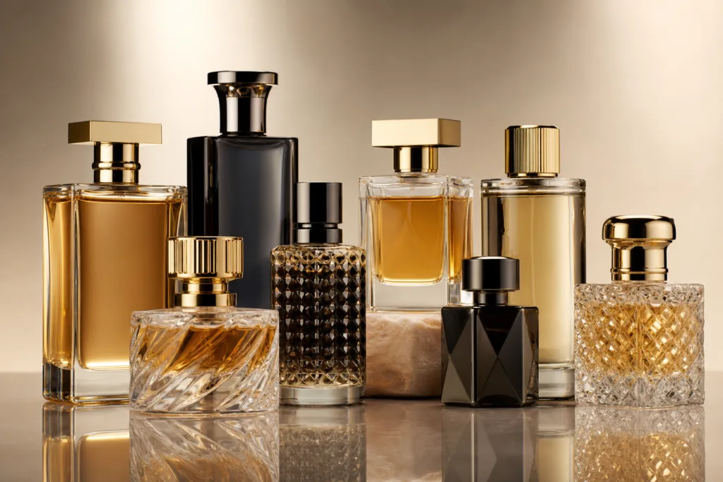 An elegant luxury fragrance display featuring thick-walled glass perfume bottles and heavy metal caps in polished gold and black nickel finishes, photographed in soft champagne lighting against a clean minimal background.