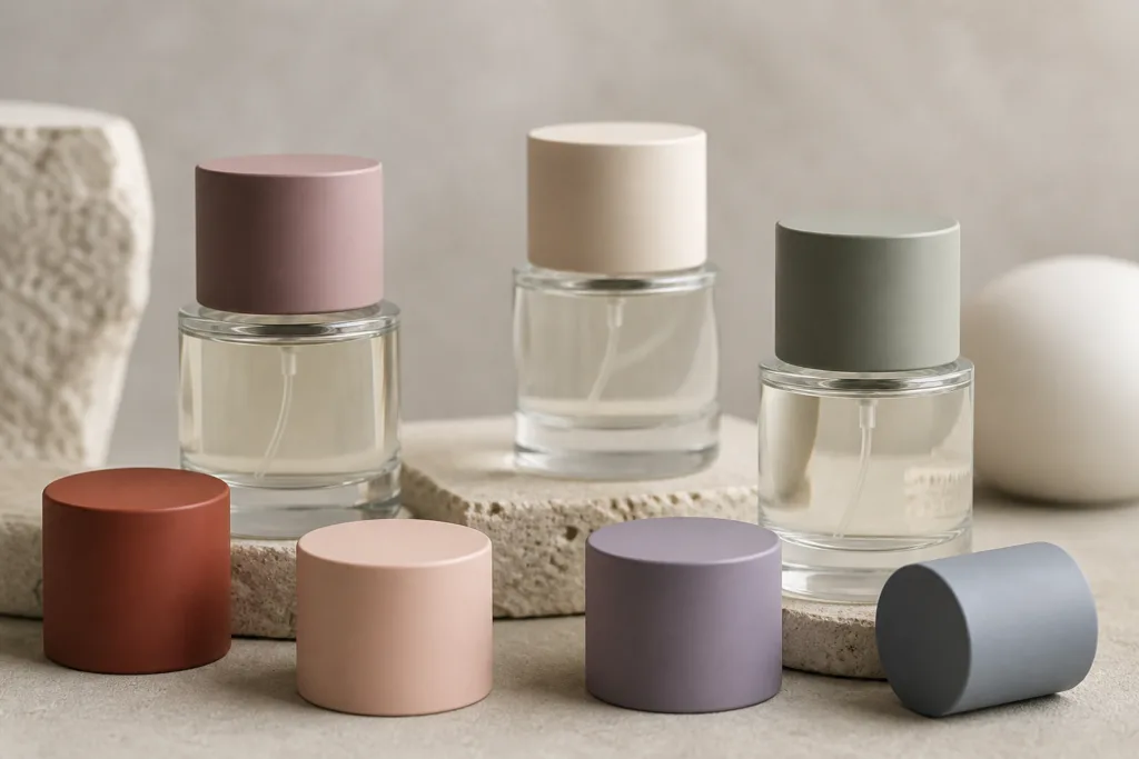 A refined studio composition featuring matte painted perfume caps in soft pastel and muted tones paired with minimal glass perfume bottles, styled for premium clean beauty packaging with soft diffused lighting and a smooth, luxurious finish.