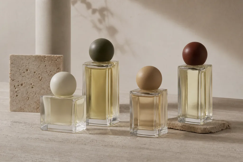 An artistic premium fragrance packaging scene featuring minimalist glass perfume bottles with matte, muted earth-tone caps. The composition emphasizes refined textures, soft natural shadows, and a calm luxury studio aesthetic.