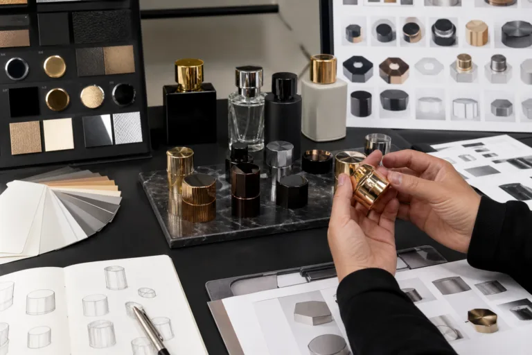 A clean and organized B2B manufacturing scene showing OEM perfume cap service for a private label fragrance project, with custom cap samples, bottle samples, finish references, and logo sheets without readable text.