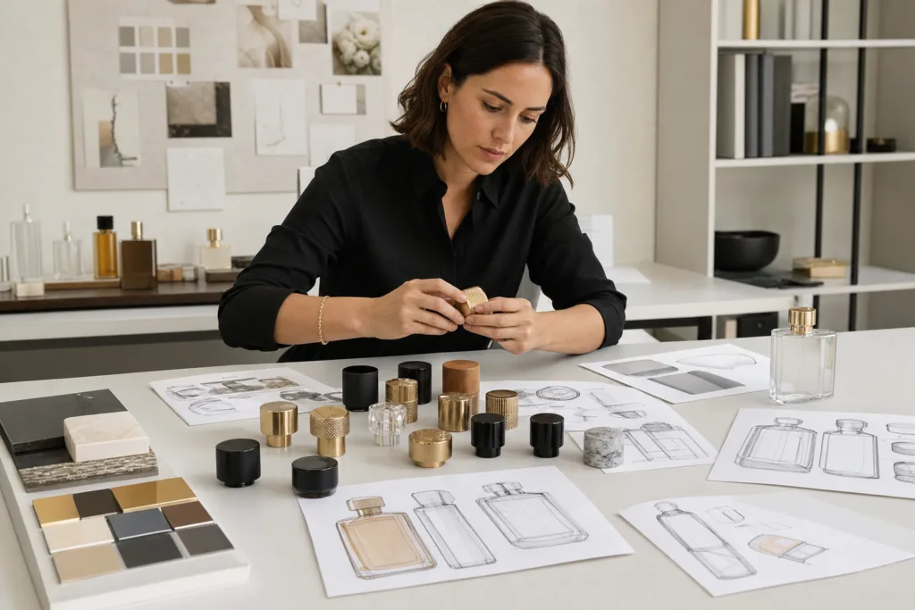 Packaging distributor evaluating custom perfume cap samples