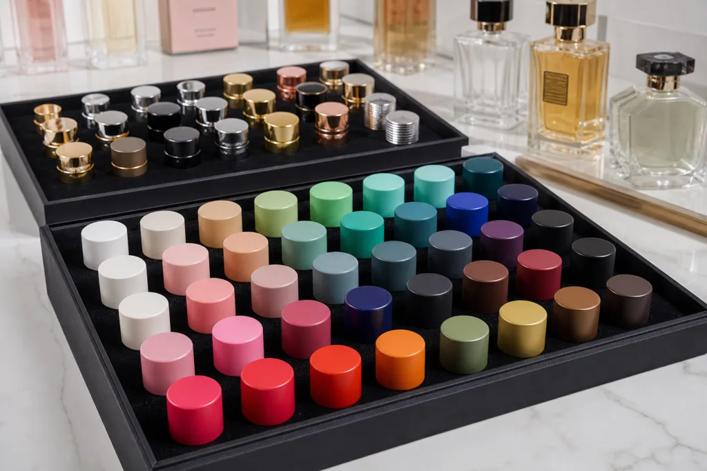 Professional showroom-style product image showing painted perfume cap samples arranged in trays for wholesale fragrance packaging buyers, with matte and glossy finishes and glass perfume bottle samples in the background.