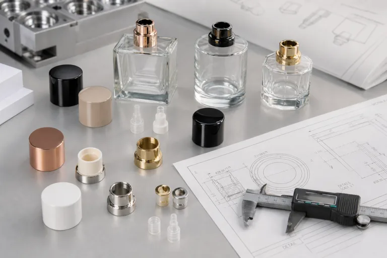A realistic technical packaging photography scene showing perfume cap samples matched with bottle necks, collars, and closure components for fit testing and manufacturing reference.