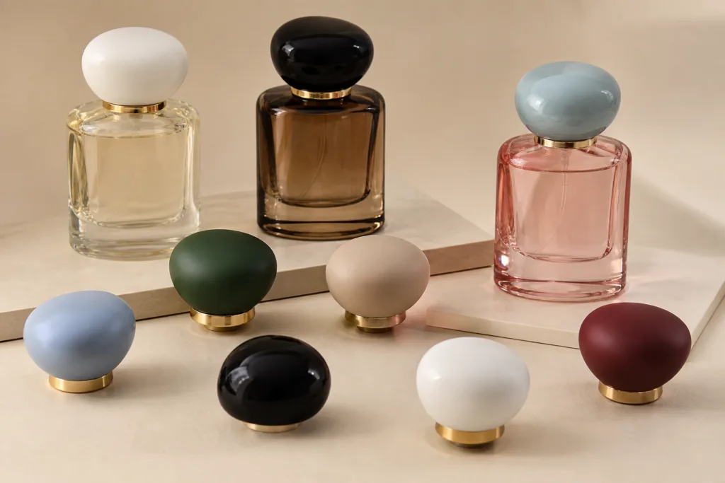 Elegant premium product photography featuring painted zinc alloy perfume caps with matte and gloss surfaces, custom brand colors, and modern perfume bottles in a refined studio composition.