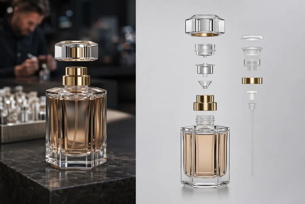 Clean technical luxury packaging presentation of a perfume bottle cap fit engineering scene with an exploded view of the cap, insert, collar, and glass bottle components.