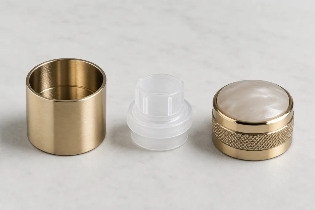 assembled and semi-assembled perfume cap components
