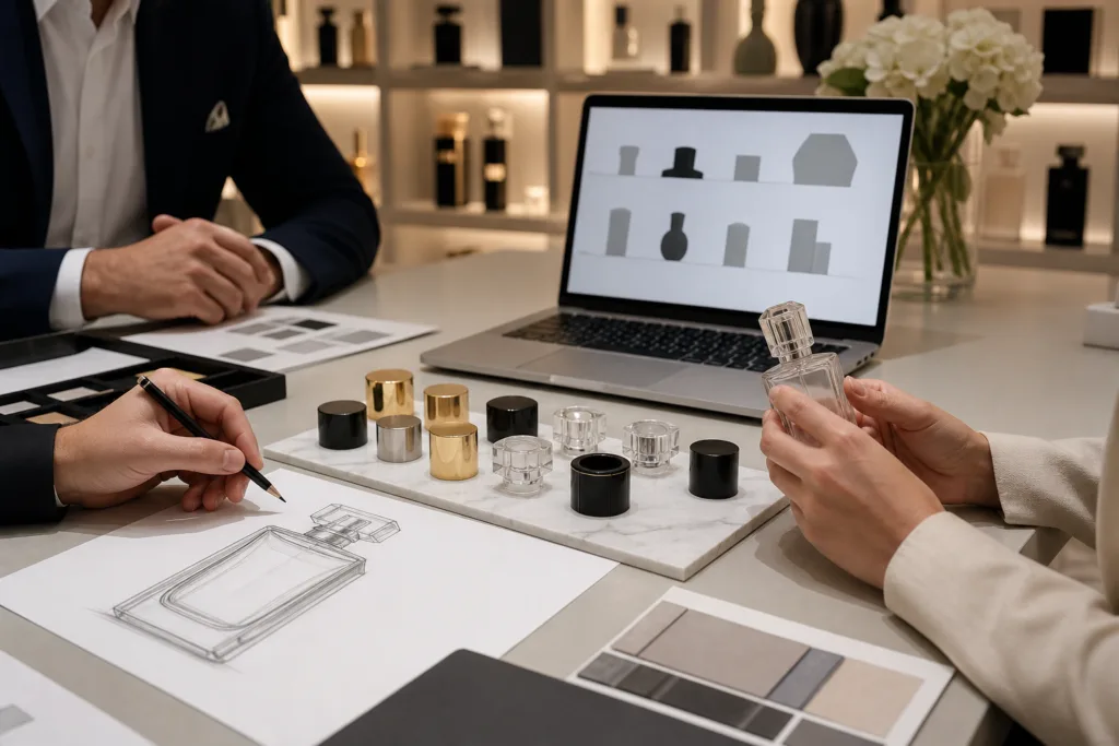 Buyers reviewing perfume cap catalog before RFQ