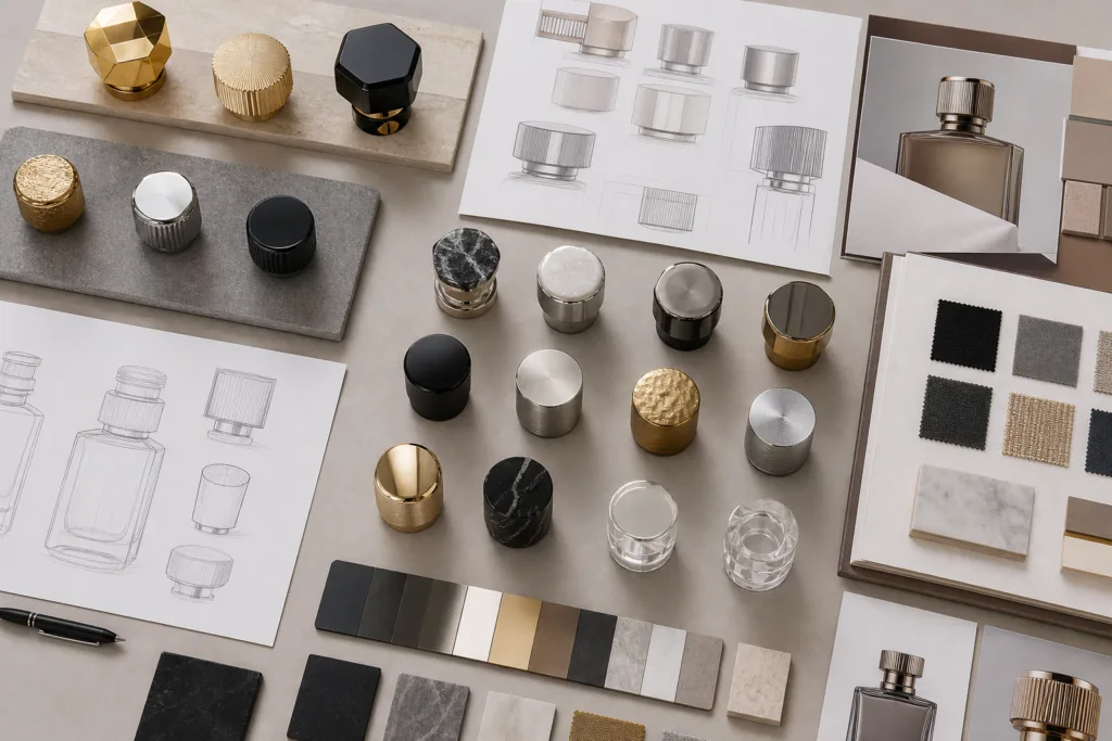 Perfume cap styles and finish options in product catalog
