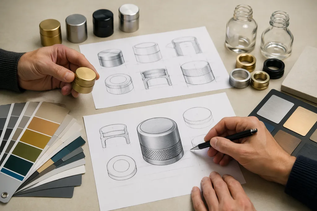 Buyer preparing color references for custom perfume cap development