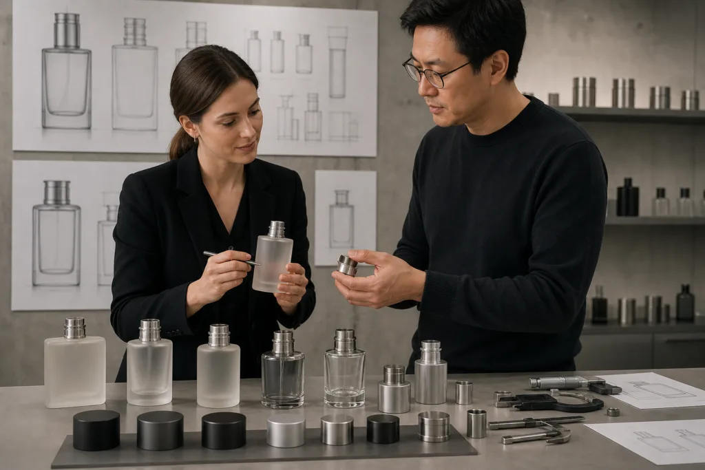 Perfume cap design review with bottle fit planning