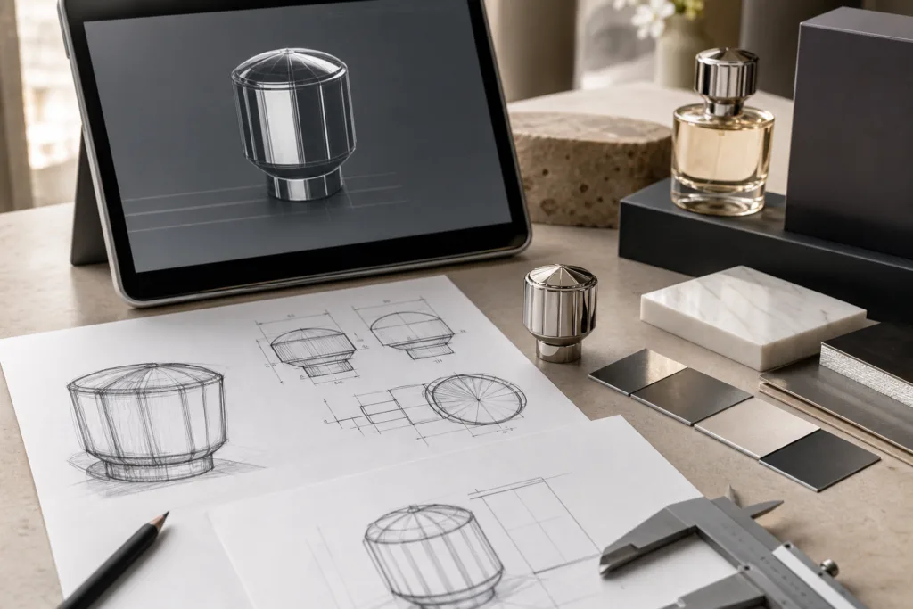 A photorealistic and highly detailed composition of a fragrance packaging design workflow, showing concept sketches, technical drawings, digital 3D model reference, material samples, and a completed zinc alloy perfume cap in a clean studio setting.