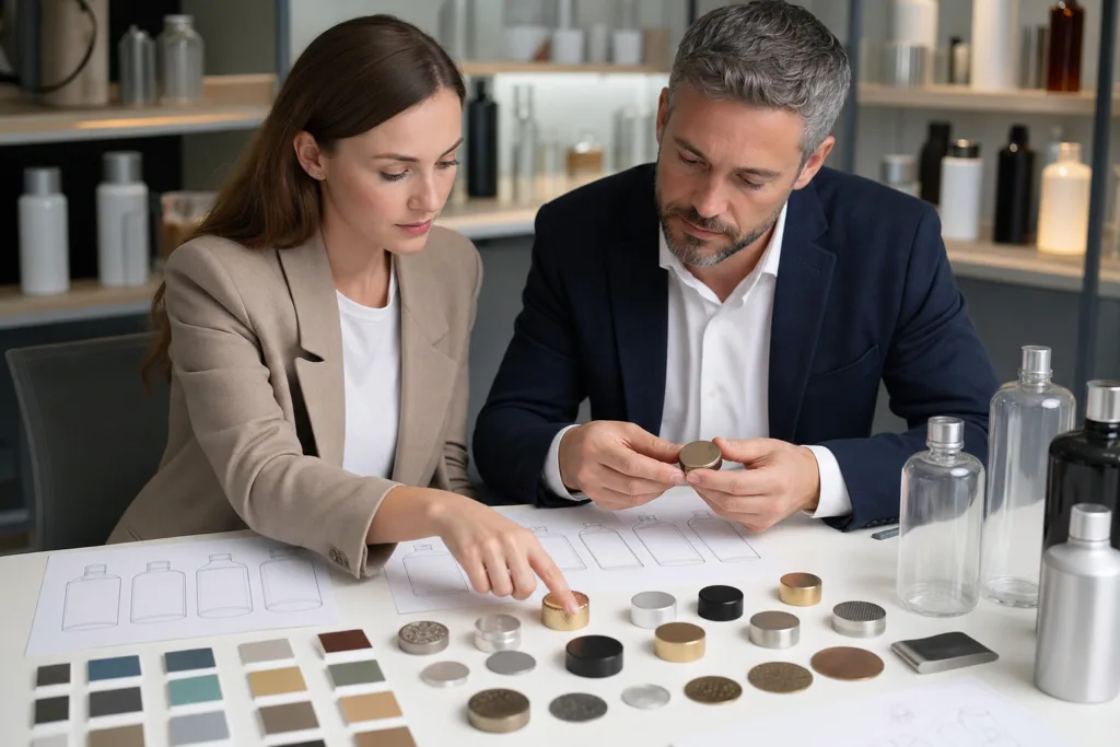 Reviewing perfume cap finish samples and branding details