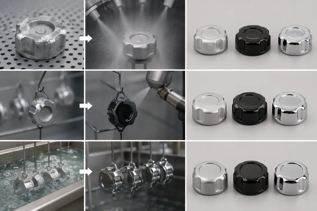 Perfume cap finishing process and color control.