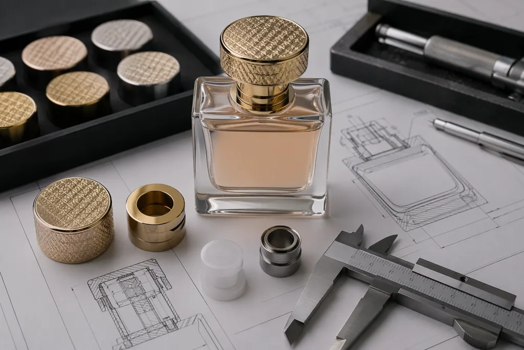 A precise B2B packaging engineering photography scene featuring a logo engraved perfume cap sample aligned with a glass bottle neck, collar ring, insert, and closure components, with calipers and measuring tools arranged neatly on a clean technical worktable.