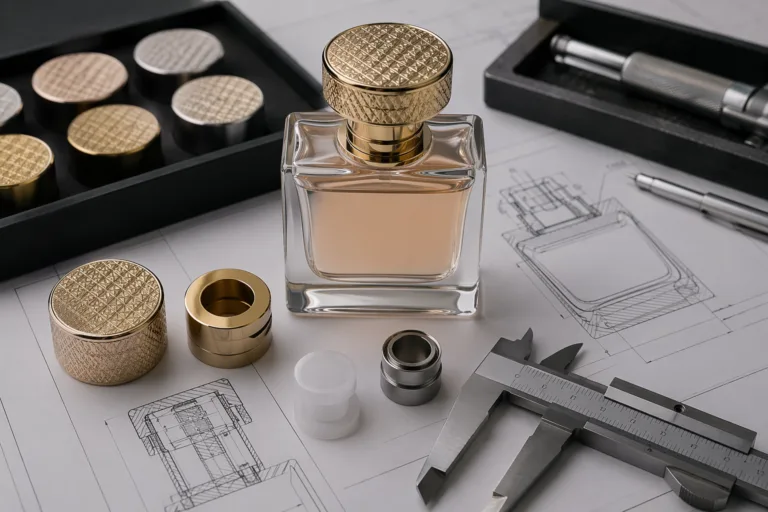 A precise B2B packaging engineering photography scene featuring a logo engraved perfume cap sample aligned with a glass bottle neck, collar ring, insert, and closure components, with calipers and measuring tools arranged neatly on a clean technical worktable.