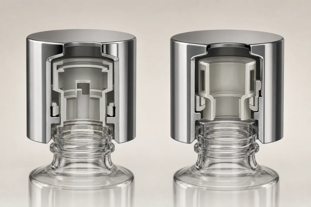 Perfume caps with different internal fit structures