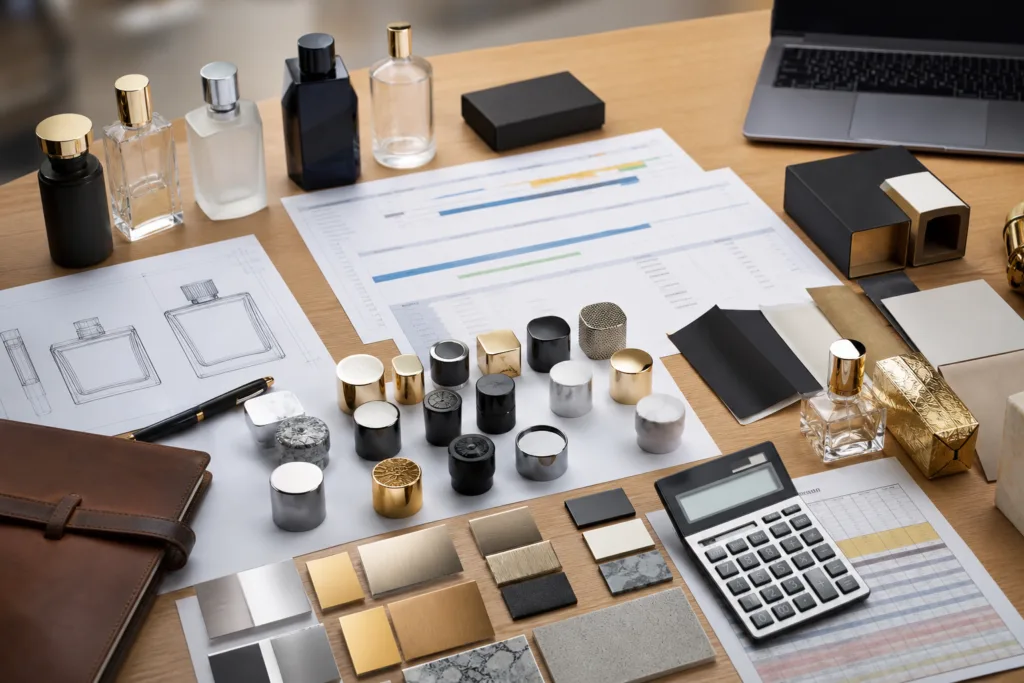 A hyper-realistic corporate desk scene showing perfume cap MOQ and lead time planning with custom cap samples, bottle sketches, finish swatches, calculator, and organized sourcing documents, created in a private label packaging procurement mood with no readable text or logos.