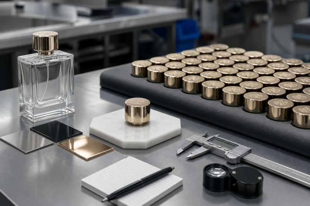 A premium manufacturing quality-control scene showing an approved engraved perfume cap sample next to matching production caps, finish swatches, a glass bottle sample, and inspection tools on a clean review table under realistic industrial lighting.