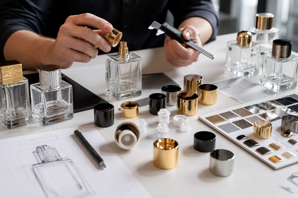 An ultra realistic B2B product development scene featuring perfume cap sample testing with an actual glass bottle, custom metal cap samples, a caliper, finish references, and cap insert parts on a clean engineering desk.