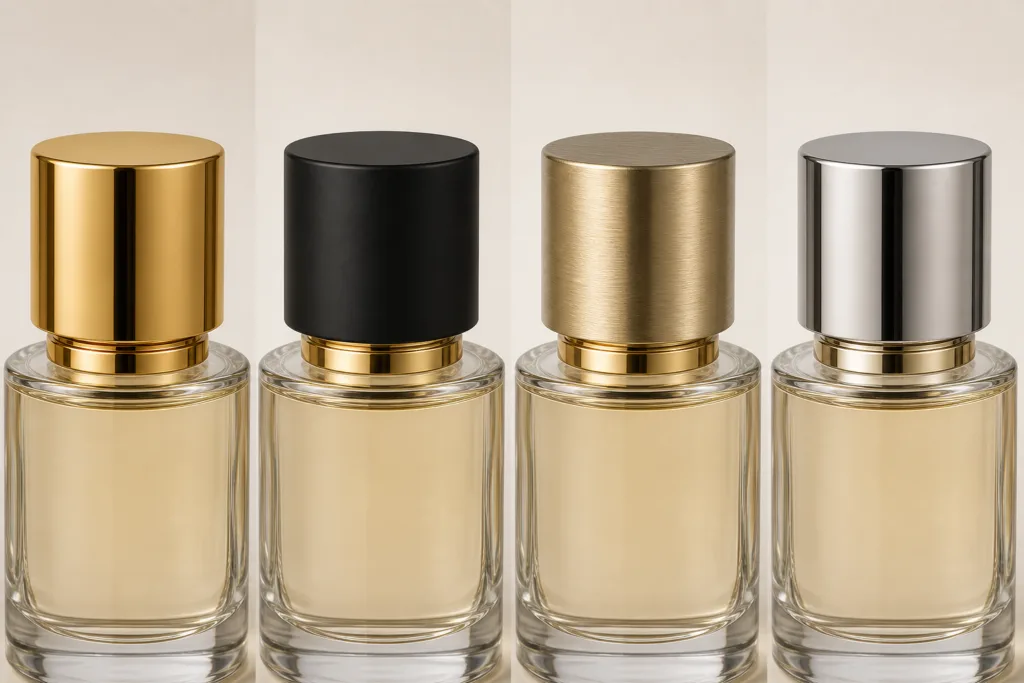 Perfume cap surface finish options for fragrance packaging
