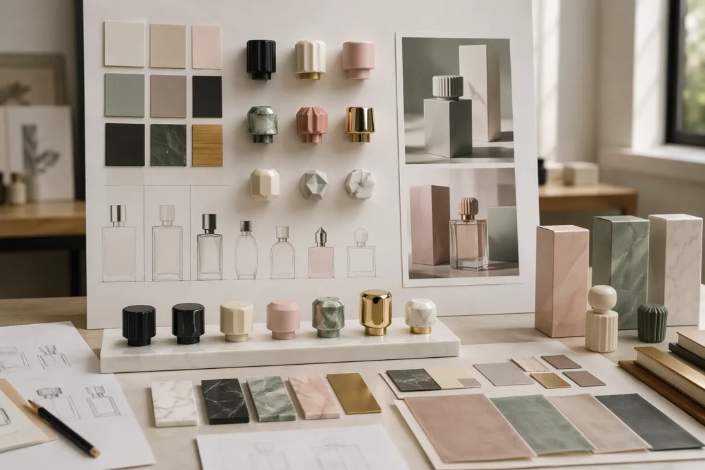 A clean creative studio desk showcasing perfume cap samples, finish swatches, bottle silhouettes, and packaging mockups for a premium fragrance packaging project.