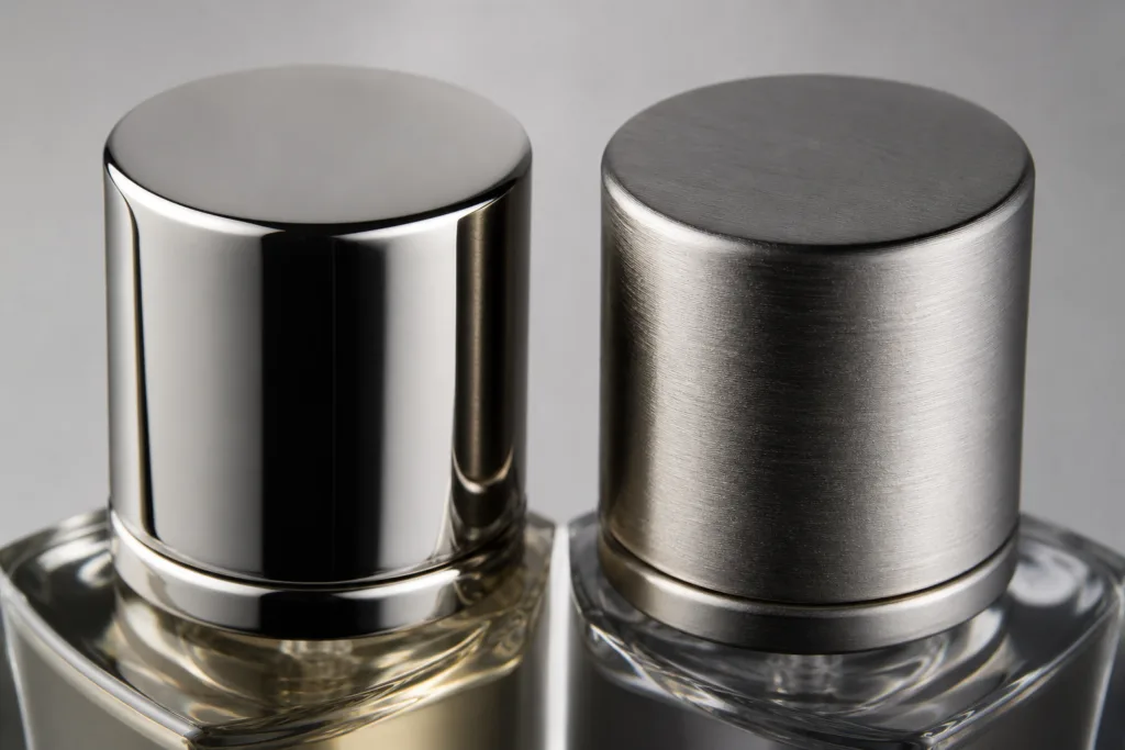 Luxury studio close-up of two custom perfume bottle caps, one mirror polished and one brushed satin, emphasizing texture, reflections, and refined industrial elegance.