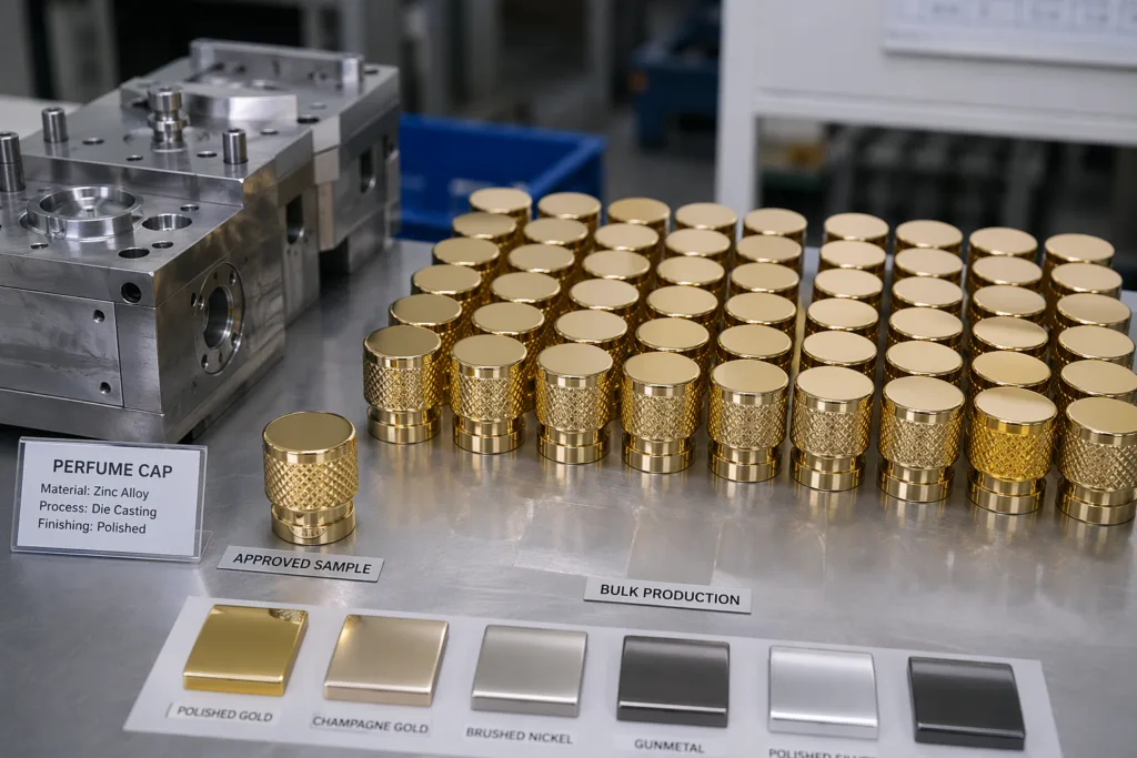 Professional B2B manufacturing scene showing perfume cap sample approval and bulk production consistency, with polished cap samples, zinc alloy components, mold pieces, and finish references arranged neatly on a factory review table under realistic industrial lighting.