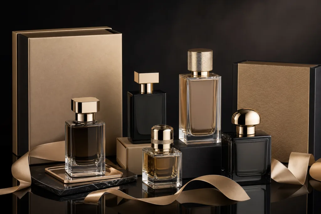 A premium private label perfume collection styled as ultra realistic product photography with elegant glass bottles, heavy metal caps, electroplated polished finishes, and refined gift-ready packaging in a champagne and black color palette.