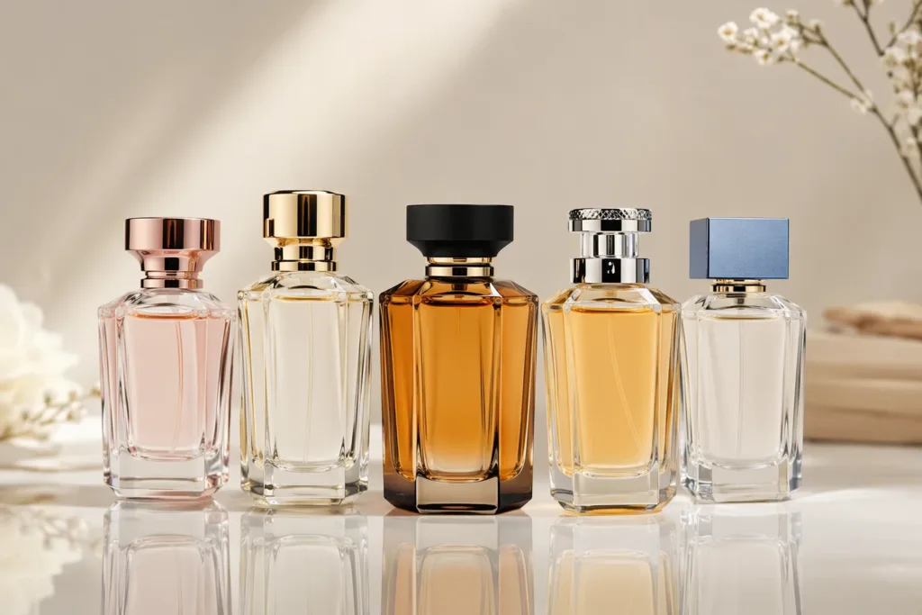 A retail-ready fragrance collection of clear glass perfume bottles with custom coordinated caps, shown in soft studio lighting with a premium ultra realistic look and no visible branding.