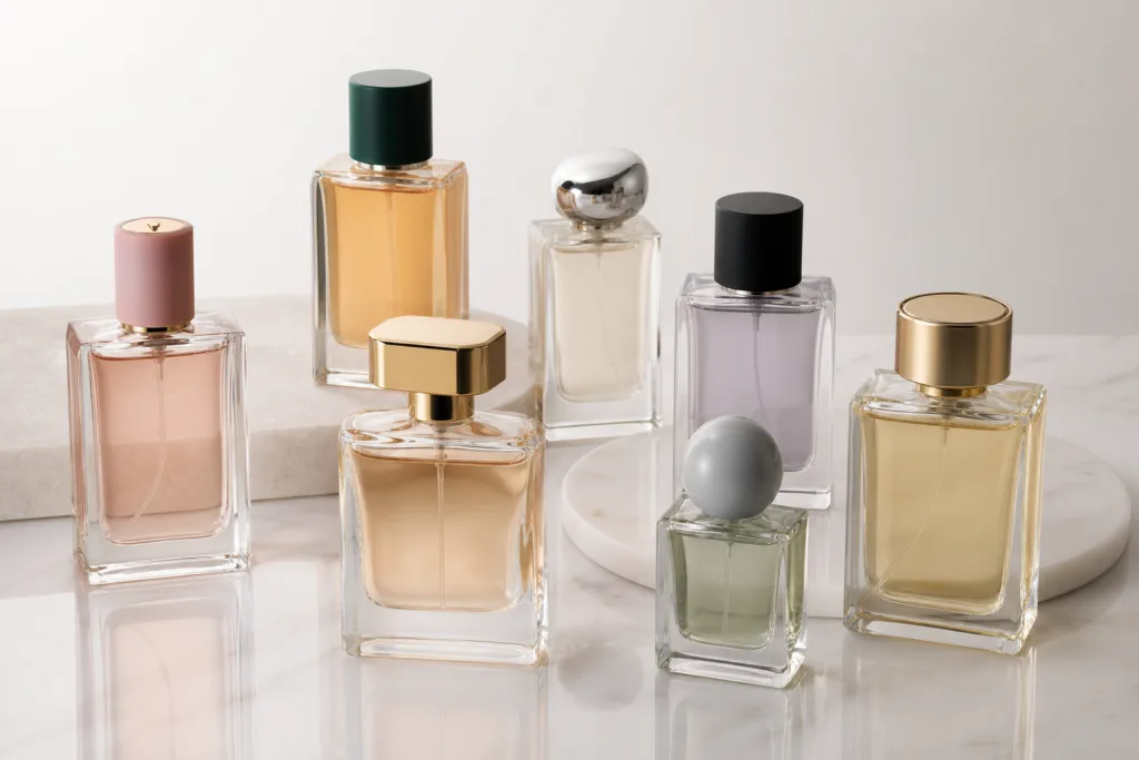 Ultra realistic studio product image of a new private label perfume launch, featuring multiple clear glass fragrance bottles with coordinated custom caps, matte painted and metallic cap finishes, arranged as a retail-ready collection display under clean soft lighting, with no readable labels or logos.