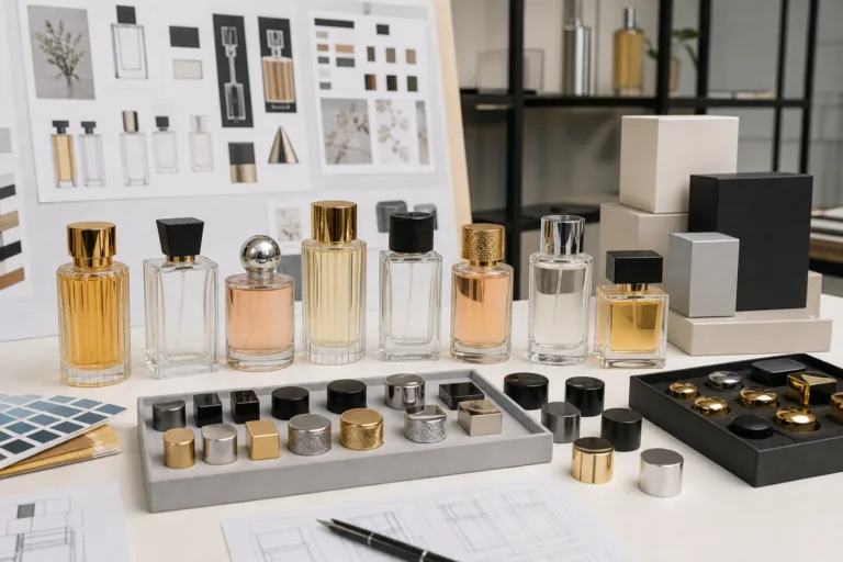 Realistic commercial photography of a private label perfume packaging development setup featuring brand-ready bottles, interchangeable zinc alloy cap samples, organized trays, and simple unlabeled boxes in a premium studio environment.