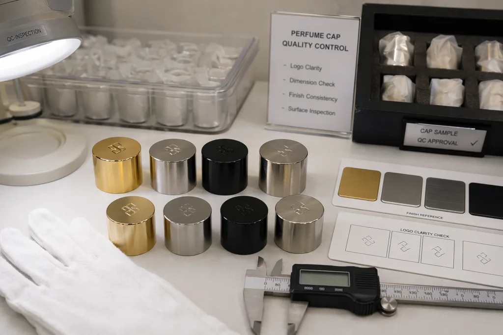 Realistic high-detail product inspection scene in a perfume cap factory, showing engraved metal cap samples on a QC table with caliper, gloves, inspection light, reference samples, and protective packaging, focused on logo clarity and finish consistency.