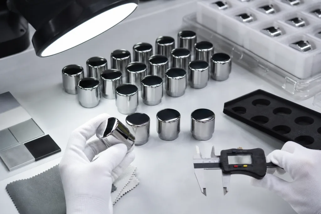 A realistic high-detail quality control scene showing polished perfume caps being inspected for scratches, reflection, size, and finish consistency on a clean factory table.