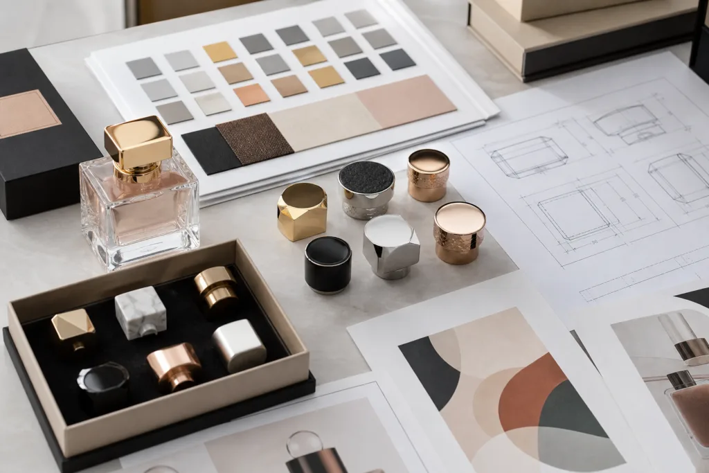 A clean professional RFQ preparation scene featuring private label perfume cap samples, a perfume bottle sample, abstract artwork sheets, color swatches, and cap specification drawings arranged neatly on a desk, rendered in an ultra realistic style.