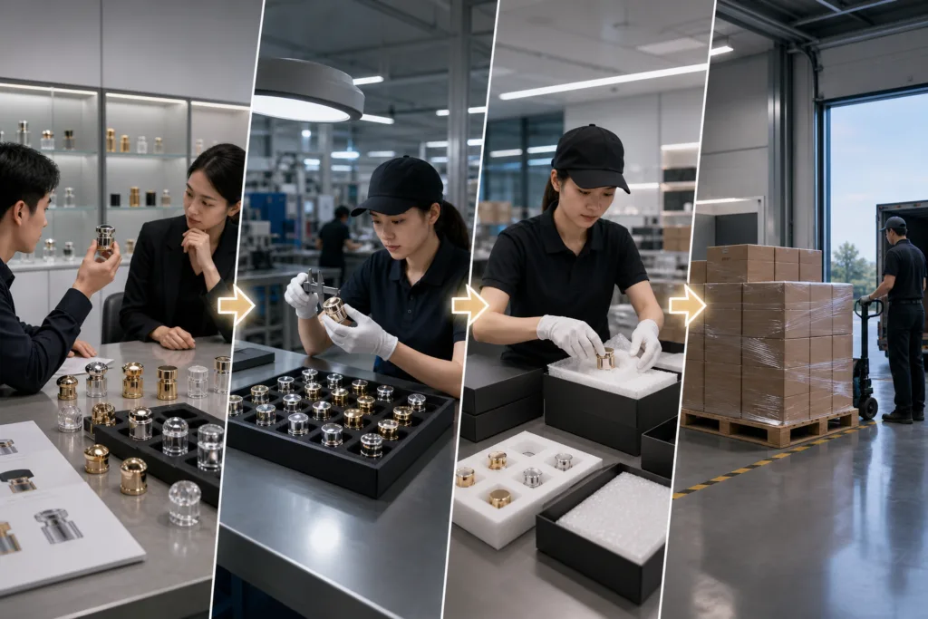 Sample to shipment workflow for perfume cap export orders
