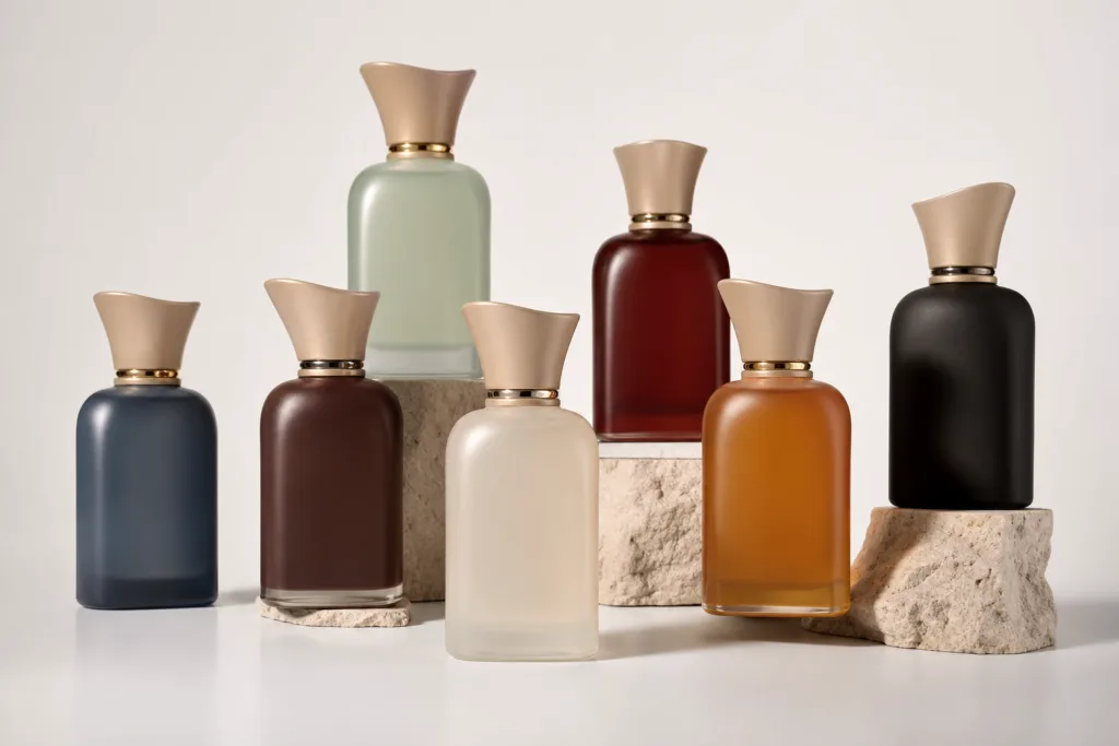Ultra realistic studio product scene of a luxury niche fragrance line with matching custom perfume caps, assorted matte bottle colors, and metallic accents, arranged cleanly with no text or logo.