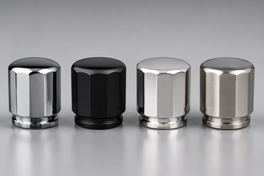 Surface finish options that affect perfume cap production timing.