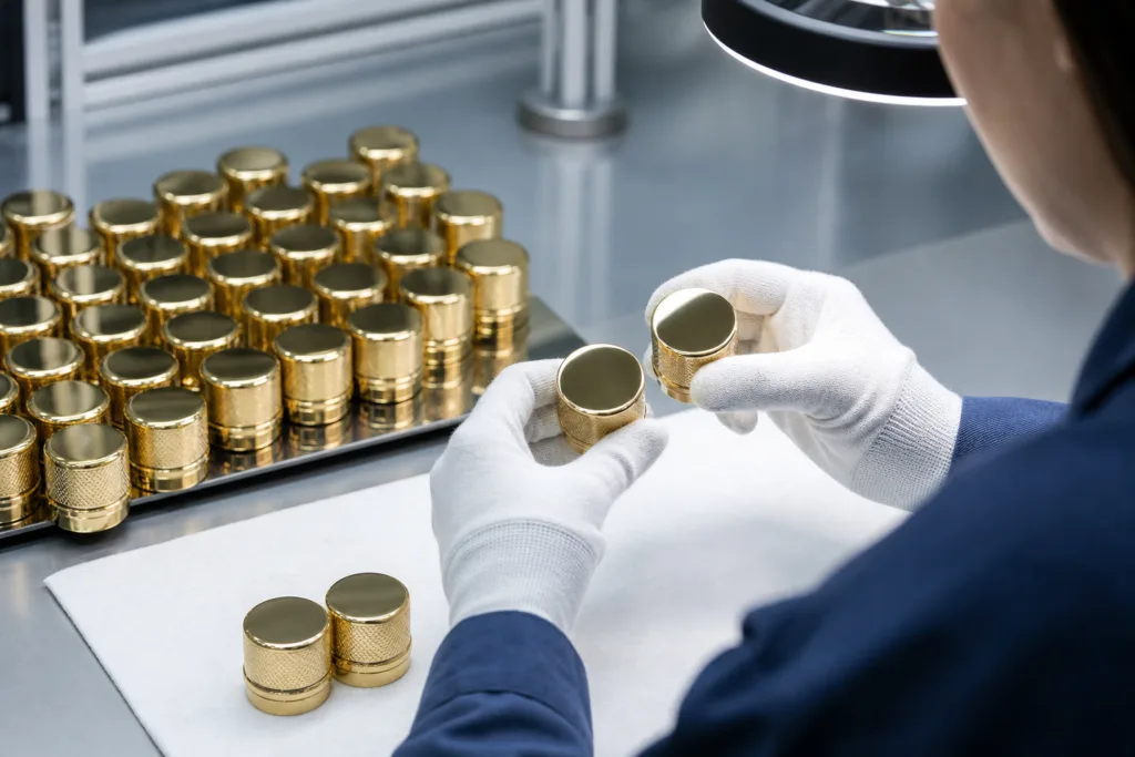 Visual color inspection for perfume cap production.