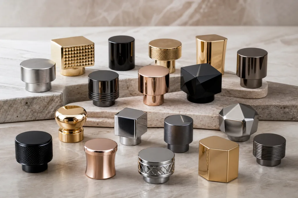 Professional photorealistic studio scene displaying a curated range of zinc alloy perfume caps with varied shapes and finishes, arranged in an organized wholesale packaging presentation with clean lighting and a modern commercial look.