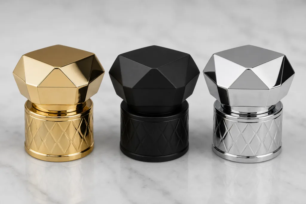 Zinc alloy perfume cap finish options