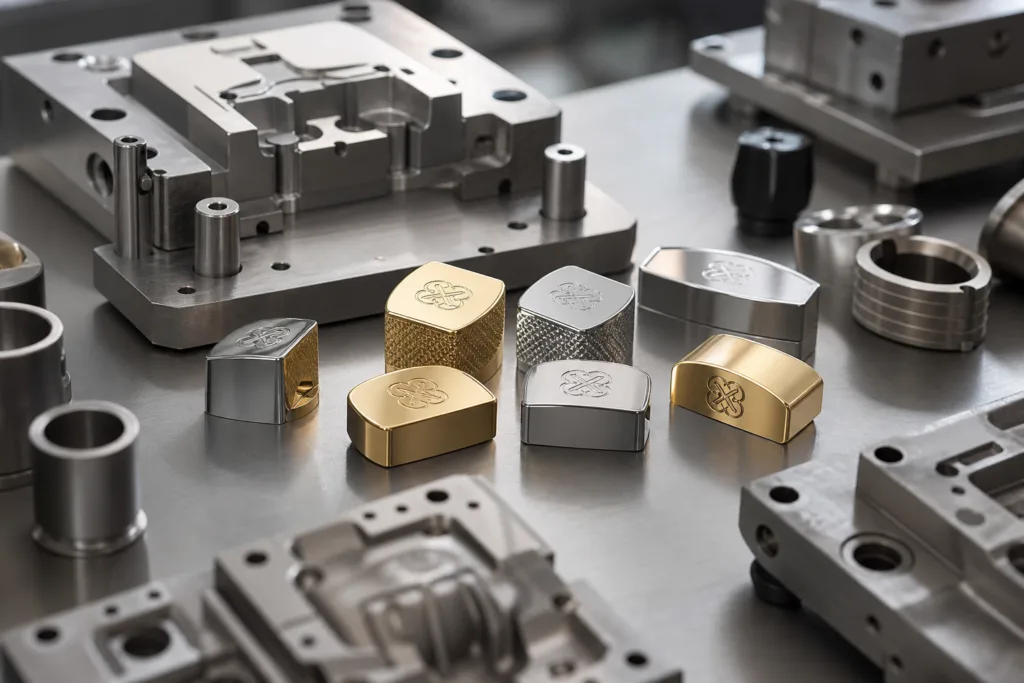 A realistic B2B manufacturing scene featuring premium zinc alloy perfume caps, cap blanks, die casting parts, and mold inserts arranged on a clean worktable to showcase precision production and material quality.