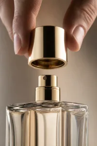 A detailed close-up showing precise cap-to-bottle alignment in luxury fragrance packaging.